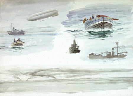 Studies of an armed trawler, an airship, an open motor boat with mast and sails struck down, and ships on a sea horizon making smoke RMG PV0084, William Lionel Wyllie, 1918