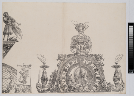 The Pinnacle of the Right Portal; and a Trumpeter and Standard from the Central Portal, from The Triumphal Arch of Maximilian I, 1st edition (1517/18), Albrecht Dürer, 1515