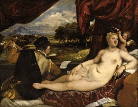 Venus and Cupid with a Lute Player, Titian, circa 1555–65
