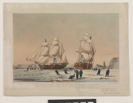 The Devils Thumb, Ships Boring and Warping in the Pack, Dedicated by special permission to the Lords Commissioners of the Admiralty By their Lordships most obedient Servant W H Browne, Lieut R N (late of HMS Enterprize ) RMG S0454, Charles Haghe, 31 January 1850