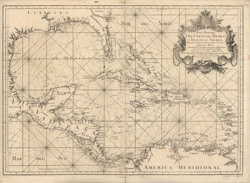 Chart of the Gulf of Mexico and the islands of America, for the use of navegators in this part of the world, constructed from the best reports and astronomical observations of latitude and longitude., 1755