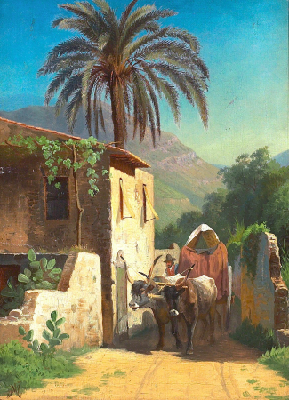 Mediterranean scenery with oxen cart and house., Adolf Mackeprang, between 1851 and 1911