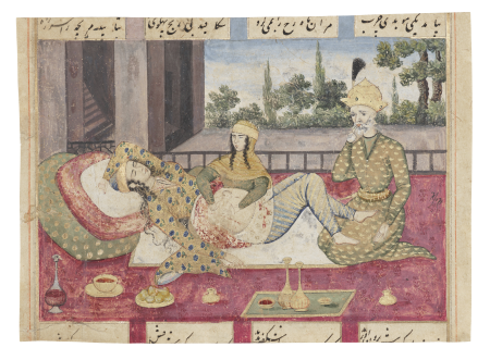 The birth of Rustam, signed Hajji Muhammad, Safavid Iran, from a manuscript dated 1685-6, Haji Muhammad, 1685-1686