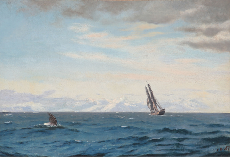 Humpback whale and sailing ship in the Davis Strait, Carl Rasmussen, 1870