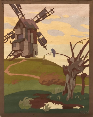 Opuštěný mlýn, dle návrhu Rudolfa Schlattauera, ručně tkaný vlněný gobelín zdobený třásněmi, Rudolf Schlattauer