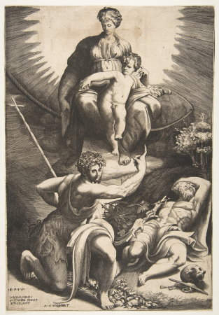 The vision of Saint Jerome who is asleep in the bottom right, the Virgin and Child appear above being pointed to by Saint John the Baptist, Giulio Bonasone, 1531–76