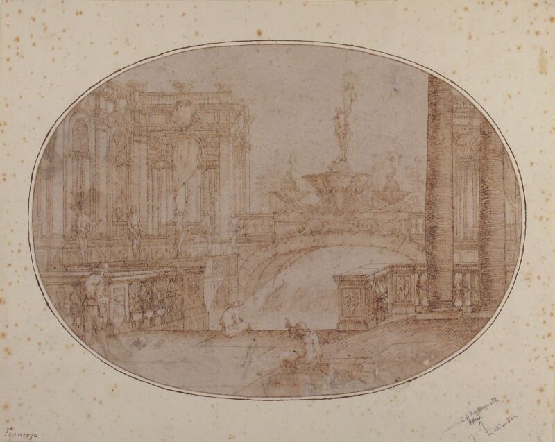 Architectural Perspective for a Stage Set with a Bridge, Statues and a Fountain in the Background and Human Figures in the Foreground, Carlo Antonio Buffagnotti, between 1660 and 1710