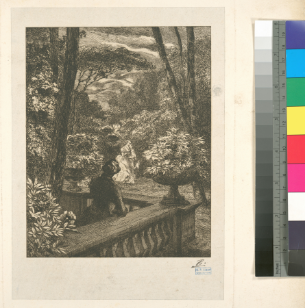 [A man leaning on a balustrade, a woman passing in the background, evening effect in a park.], 1854