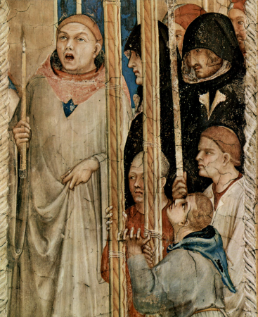 Fresco cycle with scenes from the life of St. Martin of Tours, chapel in the lower church of San Francesco in Assisi, scene: The funeral of St. Martin, detail: singing monk and spectators, Simone Martini, 1322-1326