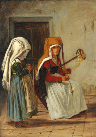 Domestic scene in Cervara. A woman with a distaff and a little girl, who binds a loop, Martinus Rørbye, 1836