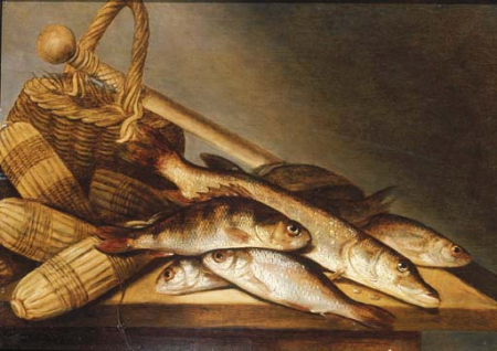 Pike, rudd and perch with fishing-nets and a basket on a wooden ledge, Pieter de Putter, between 1630 and 1659
