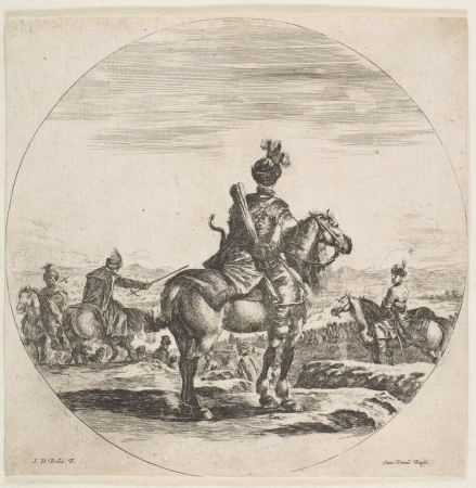 Polish horseman with a bow and arrow, seen from behind with his horse facing right, a circular composition, from 'Figures on Horseback' (Cavaliers nègres, polonais et hongrois), Stefano della Bella, circa 1651