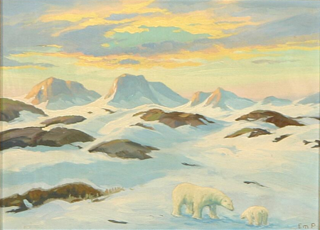 Landscape with a polar bear and its cub., Emanuel Petersen, between 1912 and 1948