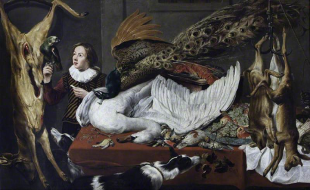 Game Larder Still Life: Hung Game with a Swan and a Peacock on a Table and a Page Holding a Parrot, Frans Snyders