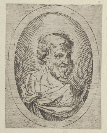 Saint Simon seen from behind, turning to the right and holding a saw, in an oval frame, from Christ, the Virgin, and Thirteen Apostles, Guido Reni, between 1600 and 1640