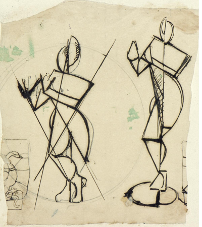 Two sketches of Krishna playing a flute, seen from the front., Theo van Doesburg, 1916