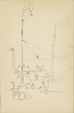 Straat met figuren, straatverlichting en een handkar, RP-T-1998-69-34(R), Cornelis Vreedenburgh, between 1890 and 1946