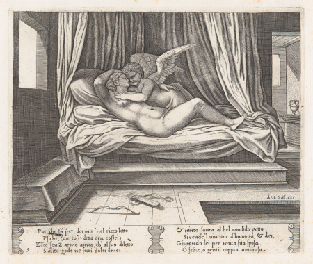 Plate 9: Cupid and Psyche on a bed, from the Story of Cupid and Psyche as told by Apuleius, Master of the Die, 1530–60