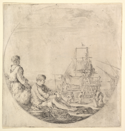 A black sailor standing to left, in profile to the right, a white sailor seated in center with legs outstretched, a ship being repaired to right in the background, Stefano della Bella, circa 1658–63