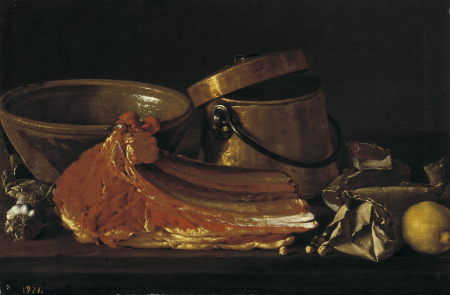 Still life with steak, condiments and containers, Luis Egidio Meléndez