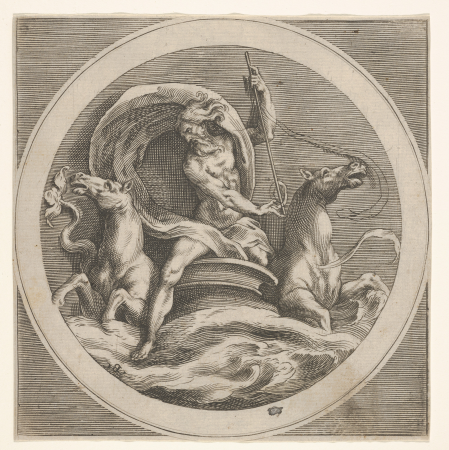 Neptune rising from the sea and bearing a staff, accompanied by two horse-headed sea creatures, reverse copy after a series of engravings by Cherubino Alberti of mythological scenes after Polidoro da Caravaggio, circa 1550–1600