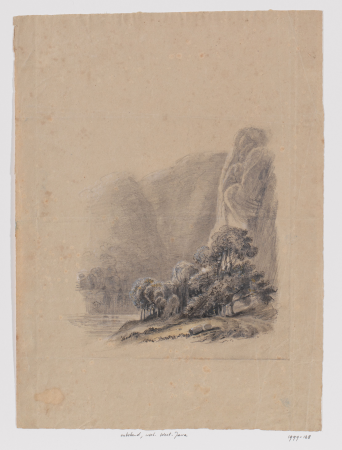 Berglandschap met weg langs rotsen, bij een rivier, West-Java, RP-T-1999-128, Adrianus Johannes Bik, ca. 1816 - ca. 1846
