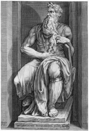 Moses in a niche, sitting; after Michelangelo, Jacob Matham