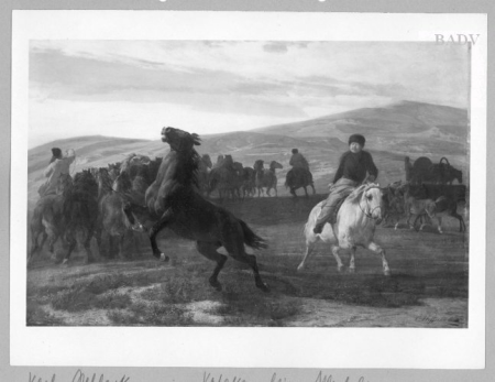 Capturing wild horses with lasso throwers, Carl Steffeck, circa 1843
