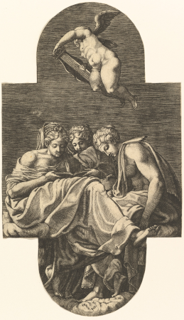 Three Muses and a putto above with a lyre, from a series of eight compositions after Francesco Primaticcio's designs for the ceiling of the Ulysses Gallery (destroyed 1738-39) at Fontainebleau, 1560s