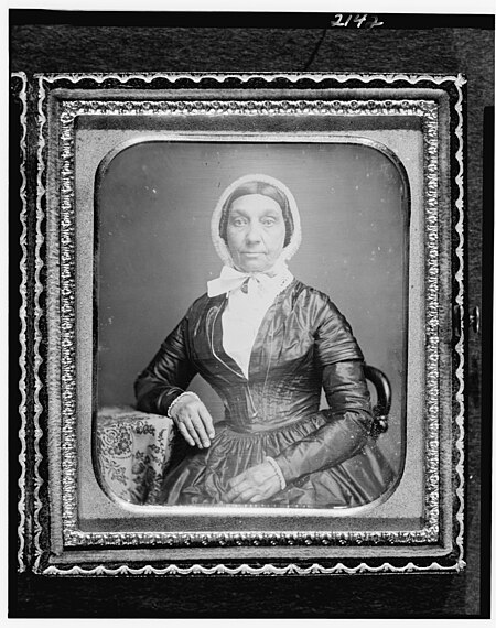 Jerusha Field, half-length portrait, seated in chair, with arm resting on table with tablecloth LCCN2004664408, between 1840 and 1860