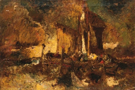 Monticelli - Attributed to - Fishermen lifting the nets before the storm, Coastal scene, Adolphe Joseph Thomas Monticelli