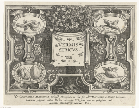 Titelprent voor Vermis Sericus Introductie van de zijderups en de zijdeproductie in Europa (serietitel) Vermis Sericus (serietitel op object), RP-P-OB-22.701, circa 1595