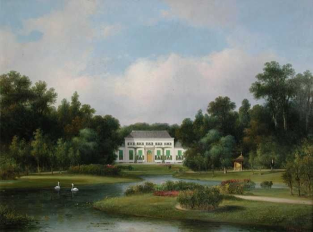 View of the country house De Heuvel in the Park with a pond containing two swans, Lodewijk Johannes Kleijn, between 1850 and 1860