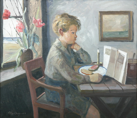 An interior with a boy reading., Christian Aigens, between 1888 and 1940