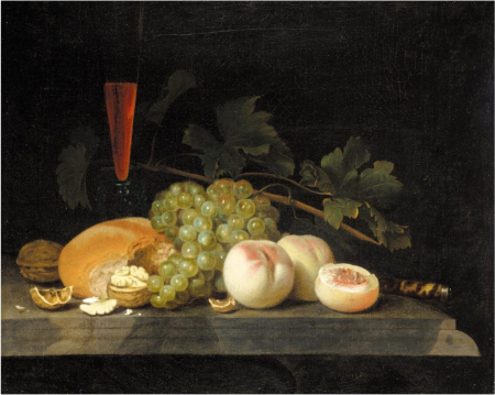 Still life with peaches, grapes, walnuts, bread, a half filled flute, vine leaves and a knife handle on a stone ledge, Gillis van Hulsdonck, between 1647 and 1669