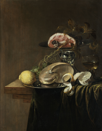 Large magnificent still life with nautilus, lemons and ham inside a tazza, Jasper Geeraards, between 1646 and 1654