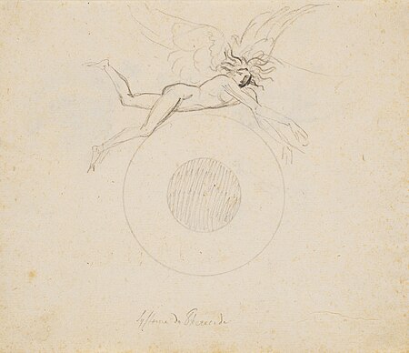 A winged genius, hovering over a globe, indicated by a pair of circular arcs, Nicolai Abildgaard