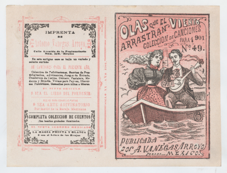 Cover for 'Waves that the Wind Drag to 1901', a man serenading a woman in a row boat, José Guadalupe Posada, circa 1901