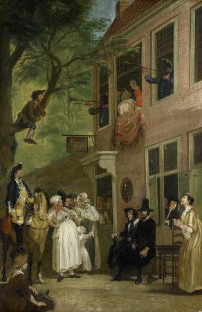 Misled: The Ambassador of the Rascals Exposes himself from the Window of 't Bokki Tavern in the Haarlemmerhout, Cornelis Troost, between 1720 and 1750