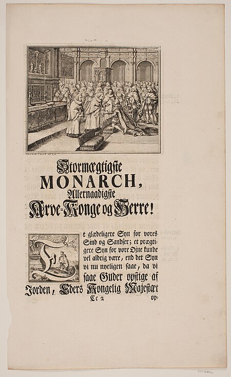 Bishop Hersleb anoints King Frederik V in Frederiksborg Palace Church. Illustration and Vignette for Frederik d. IV's act of anointing, Odvardt Helmoldt von Lode, 1749