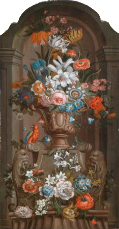 Magnificent still life and a vase of flowers and a parrot in a niche, Pieter Hardimé, between 1688 and 1737