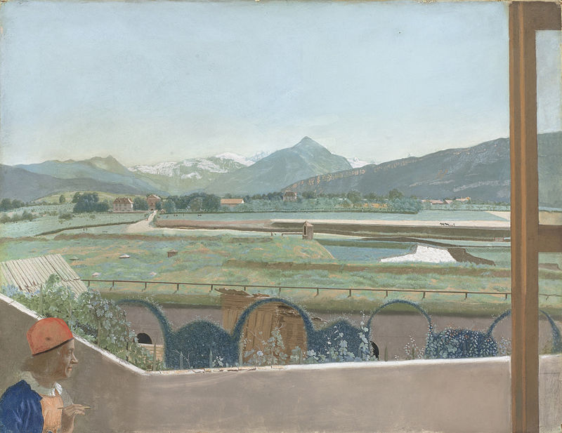 View of the Mont Blanc massif from the artist's studio in Geneva, with self-portrait, Jean-Étienne Liotard, between 1765 and 1770