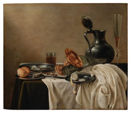 Still Life with a Gilt Tazza, a Pewter Jug and a Fluted Wine Glass, Together with a Lemon, a Bread Roll, Oysters and Tobacco on Plates, All on a Wooden Table Draped with Dark Green and White Cloths, Pieter Claesz