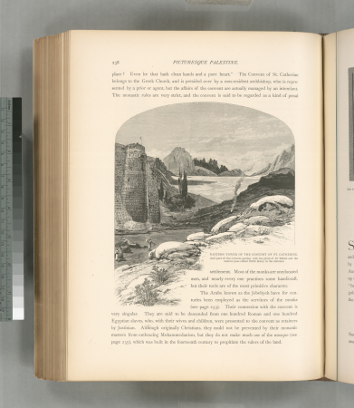 Eastern tower of the convent of Saint Catherine, and part of the convent garden, with the plain of Er Râhah and the narrow pass called Nukb Hâwy in the distance., 1881