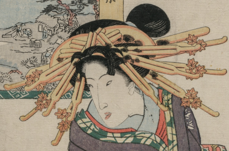 The Courtesan Emon of Maruebiya with a View of Tago Bay (form the series Courtesans with a Playful Group of Eight Views), Kuniyasu, 1827