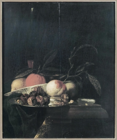 A lemon and orange in a porcelain bowl, a glass of wine, dates on a silver plate, an apple, a peach and a knife, all on a partially draped table, Juriaen van Streeck, between 1647 and 1687