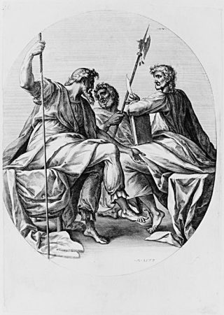 Saints James Major, Bartholomew(?) and Thomas, from the series The Apostles, Johannes Wierix, 1577