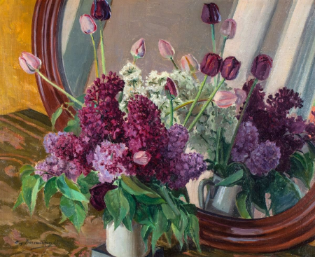 Lilacs and tulips in front of the mirror, Eugeniusz Kazimirowski, before 1939