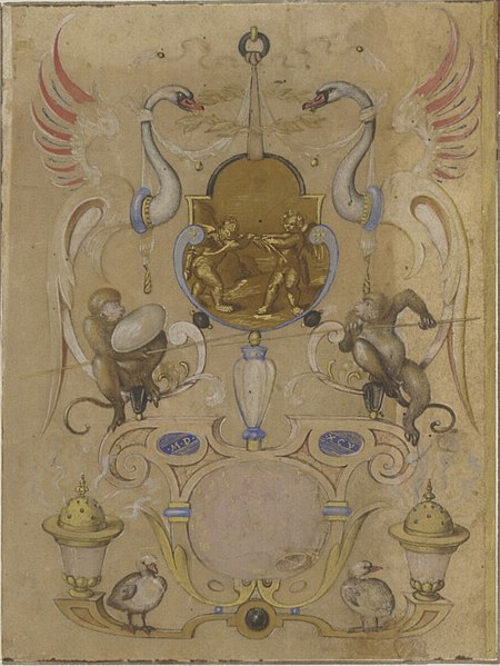Grotesque with swans and fighting monkeys, Joris Hoefnagel, between 1594 and 1595