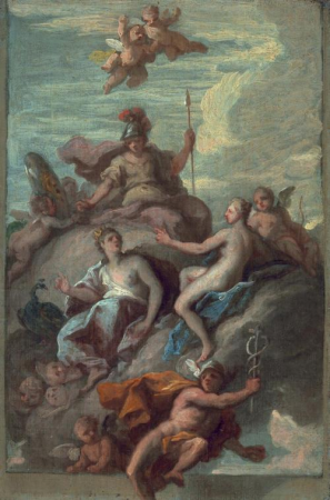 Juno, Minerva, and Venus Dispatching Mercury with the Apple of Discord, James Thornhill, 1718